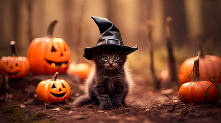 A black kitten in a witch's hat sits next to pumpkins on Halloween. Generative AI.の写真素材