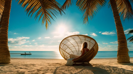 A woman sits in an armchair on the beach with a palm tree. Generative AI.の写真素材