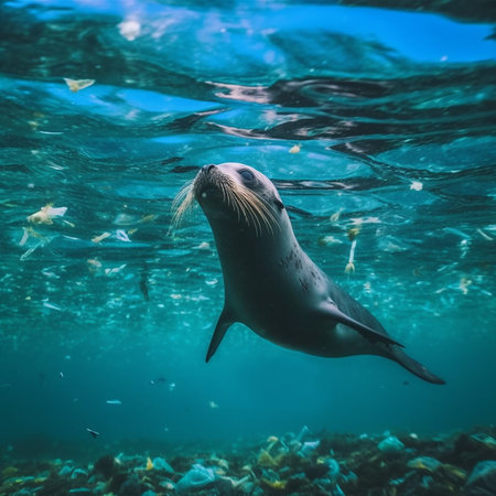 A fur seal swims among the debris.The concept of ocean pollution, environmental protection and...