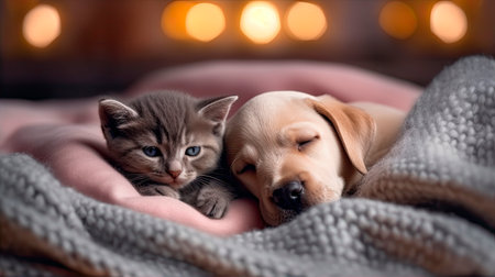 A puppy and a kitten sleep on a blanket against a background of bokeh. Generative AI.の写真素材