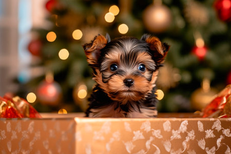 Yorkshire Terrier puppy in a New Year's gift box. Generative AI.の写真素材