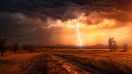 Stormy sky with lightning in the field. Generative AI.