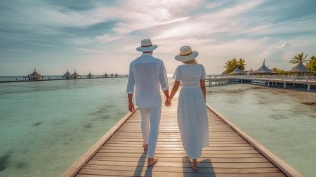 Rear view of a couple walking along a wooden pier at sunset. Man and woman in white robes and straw hats. Generative AI.の写真素材
