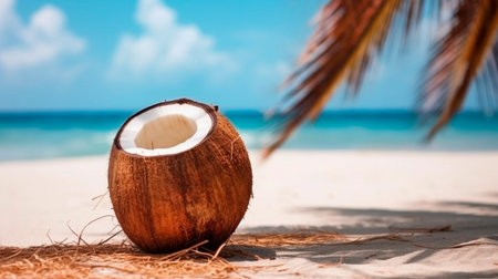 Coconut on the beach. Summer vacation concept. Generative AI.