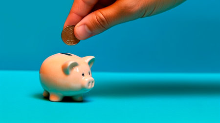 The hand lowers the coin into the piggy bank. Generative AI.の写真素材