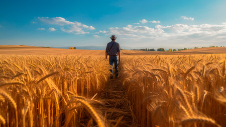 Rear view of a man walking through a wheat field on a sunny day. Generative AI.の写真素材