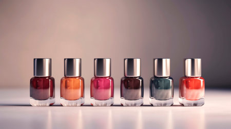 A group of multi-colored nail polishes on the table. Generative AI.