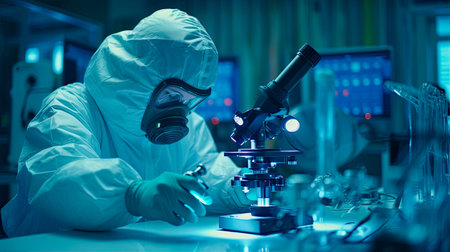 scientist in a protective suit and goggles working with a microscope in a laboratory. Generative AI.