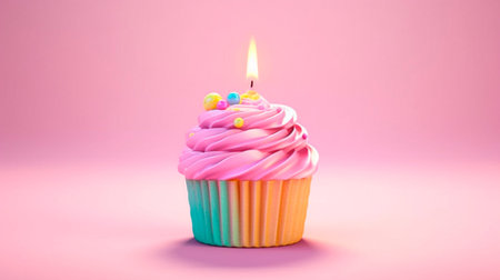 Birthday cupcake with a lit candle on a pink background. Generative AI.