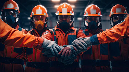 Group of factory workers wearing safety helmets and holding hands. The concept of industrial safety. Generative AIの写真素材