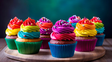Colorful cupcakes on a wooden table. Generative AI.の写真素材