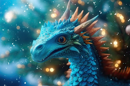 Blue dragon and bokeh background. Christmas and New Year concept. Generative AI.の素材