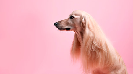 Portrait of a purebred Afghan Hound on a pink background copy space. Generative AI.の写真素材