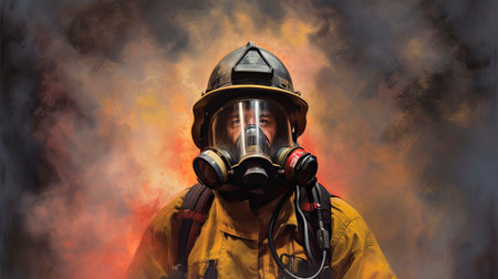Portrait of a firefighter in a gas mask against the background of fire. Generative AI.の写真素材