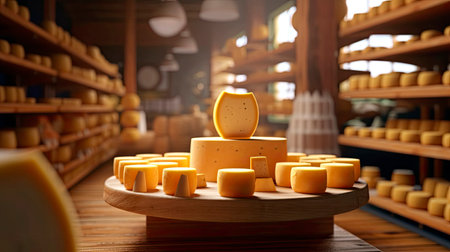 Collection of cheeses on a wooden table in a cheese factory. Generative AI.の素材