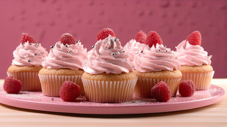 Cupcakes with cream and raspberries on a pink background. Generative AI.の写真素材