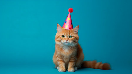 Red cat in a hat for a birthday party sits on a blue background. Generative AI.の写真素材