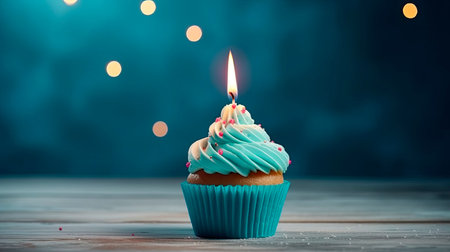 Birthday cupcake with burning candle on blue background with bokeh Generative AI.