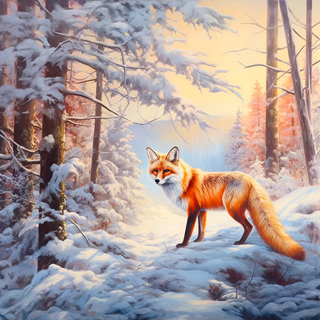 Fox in the winter forest at sunset. Generative AI.の写真素材