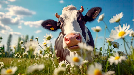 Cow on a summer meadow with daisies and blue sky. Generative AI.の写真素材