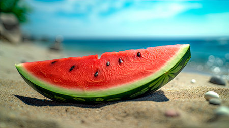 Watermelon on the beach with blue sky and sea in background. Generative AI.の写真素材