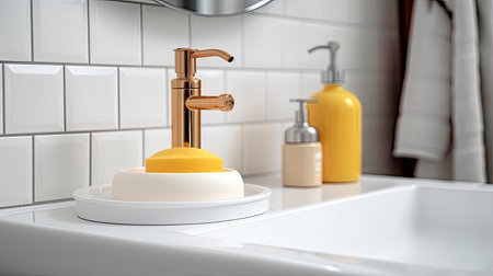 Modern bathroom faucet with soap dispenser on white countertop Generative AI.