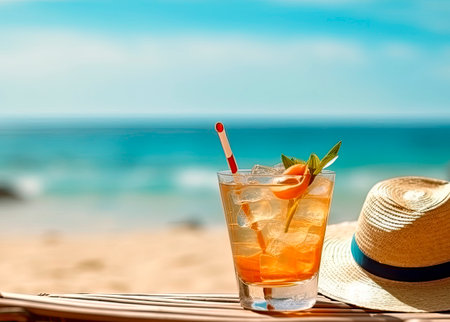 Cocktail with lemon and mint on the background of the sea. Generative AI.の写真素材