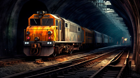 Train in the subway tunnel. Generative AI.