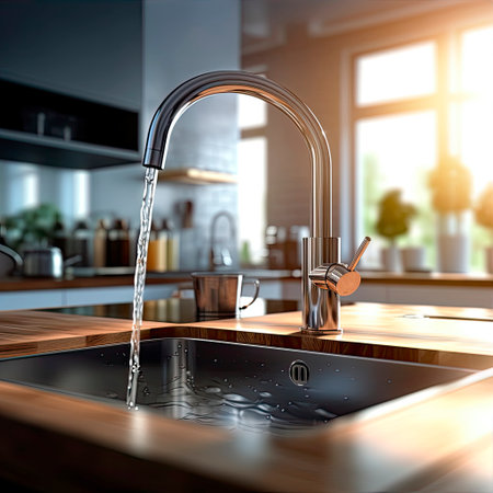 Water flows from the kitchen faucet. Generative AI.の素材
