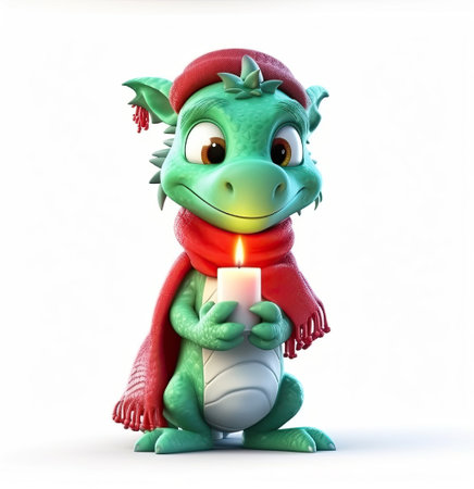 Green dragon with a candle in his hand. Generative AI.の素材