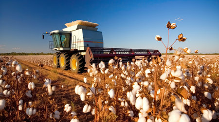 Harvesting cotton on the field with a combine harvester. Generative AI.の素材