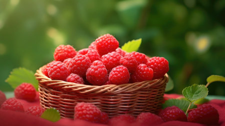 Ripe raspberries in a wicker basket on a green backgroundの素材