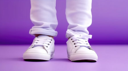 White sneakers on a purple background. Close-up of children's feet in white sneakers. Generative AI.の素材