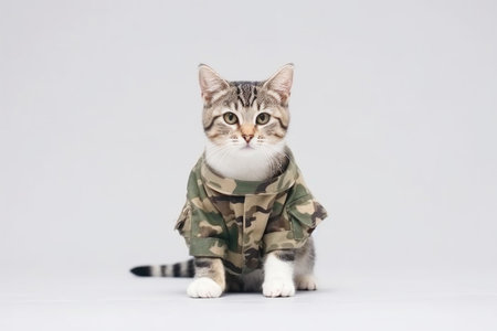 Striped cat in a military jacket on a white background. Generative AI.の素材