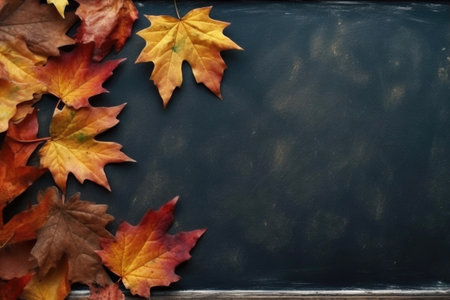 Autumn leaves on blackboard background with copy space, top view. Generative AI.の素材