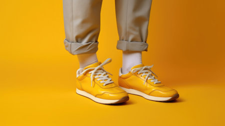 Legs of a man in yellow sneakers on a yellow background. Generative AI.の素材
