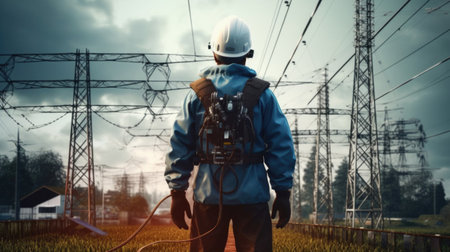 Electrician working in the field with high voltage power line. Generative AI.の素材
