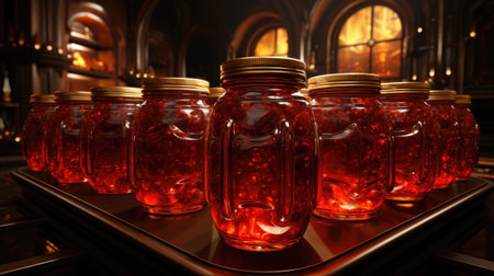 Jars with jam on the table. Generative AI.の素材