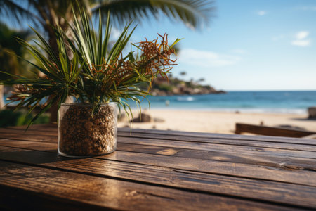 Background vase with a plant on a wooden table in front of the sea. Generative AI.の素材