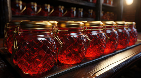 Glass jars with jam on shelf in cellar, closeup. Space for textの素材