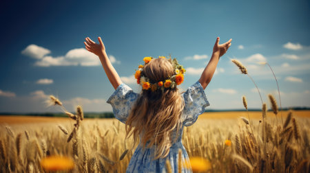 Little girl in a wreath of flowers on a wheat field.の素材