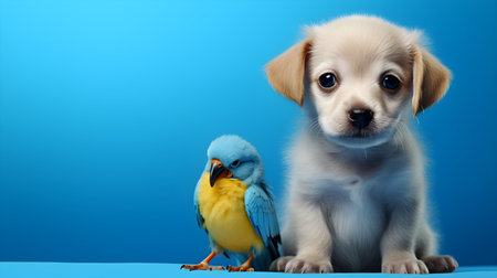 Cute puppy with a yellow-blue parrot on a blue background. Copy space, layout design. Generative AI.の素材