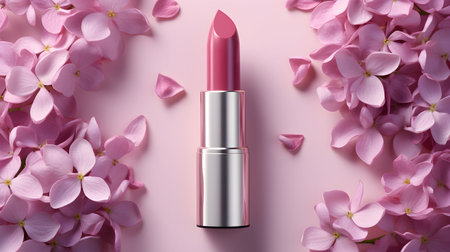 Lipstick and hydrangea flowers on color background, flat layの素材