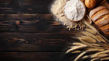 Flour and ears of wheat on a wooden background. Top view with copy space. Generative AI.の素材
