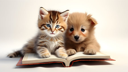 Cute puppy and kitten are reading a book on a white background. Generative AI.の素材