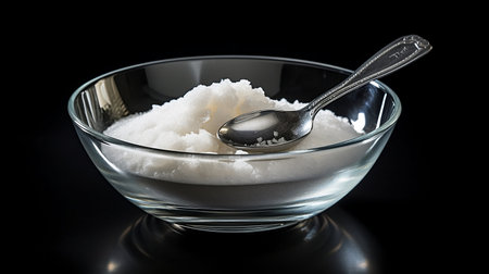 Sugar in a glass bowl with a spoon on a black background. Generative AI.の素材