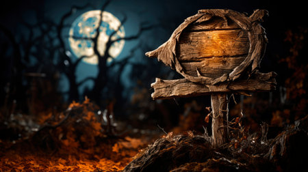 Halloween background with empty wooden signboard. 3D Renderingの素材