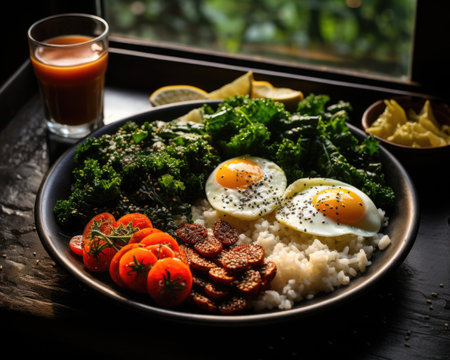 Lunch with rice, cabbage, fried egg and vegetables. Generative AI.の素材