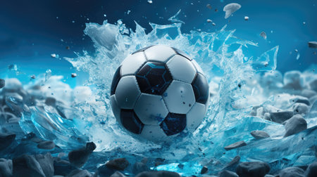 Soccer ball breaking through ice with splashes of water on blue backgroundの素材