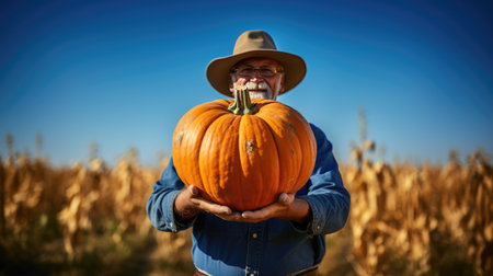 The farmer holds a large pumpkin in his hands in the field. Generative AI.の素材